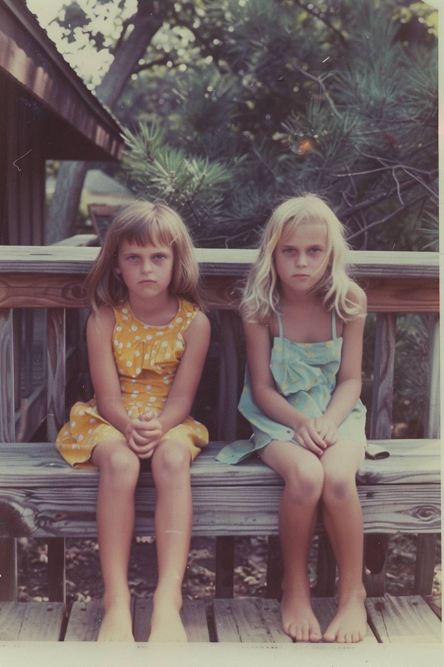Two siblings sitting on deck in late afternoon, early 2000s, flash photography, polaroid