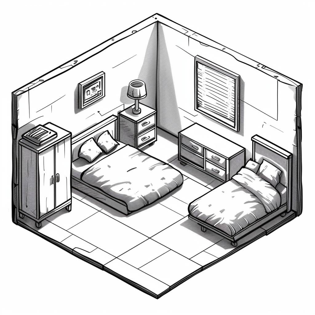 Black and white line art of an isometric room in the style of RPG maker, [description] with glowing [color element], simple design, white background, white [floor description]