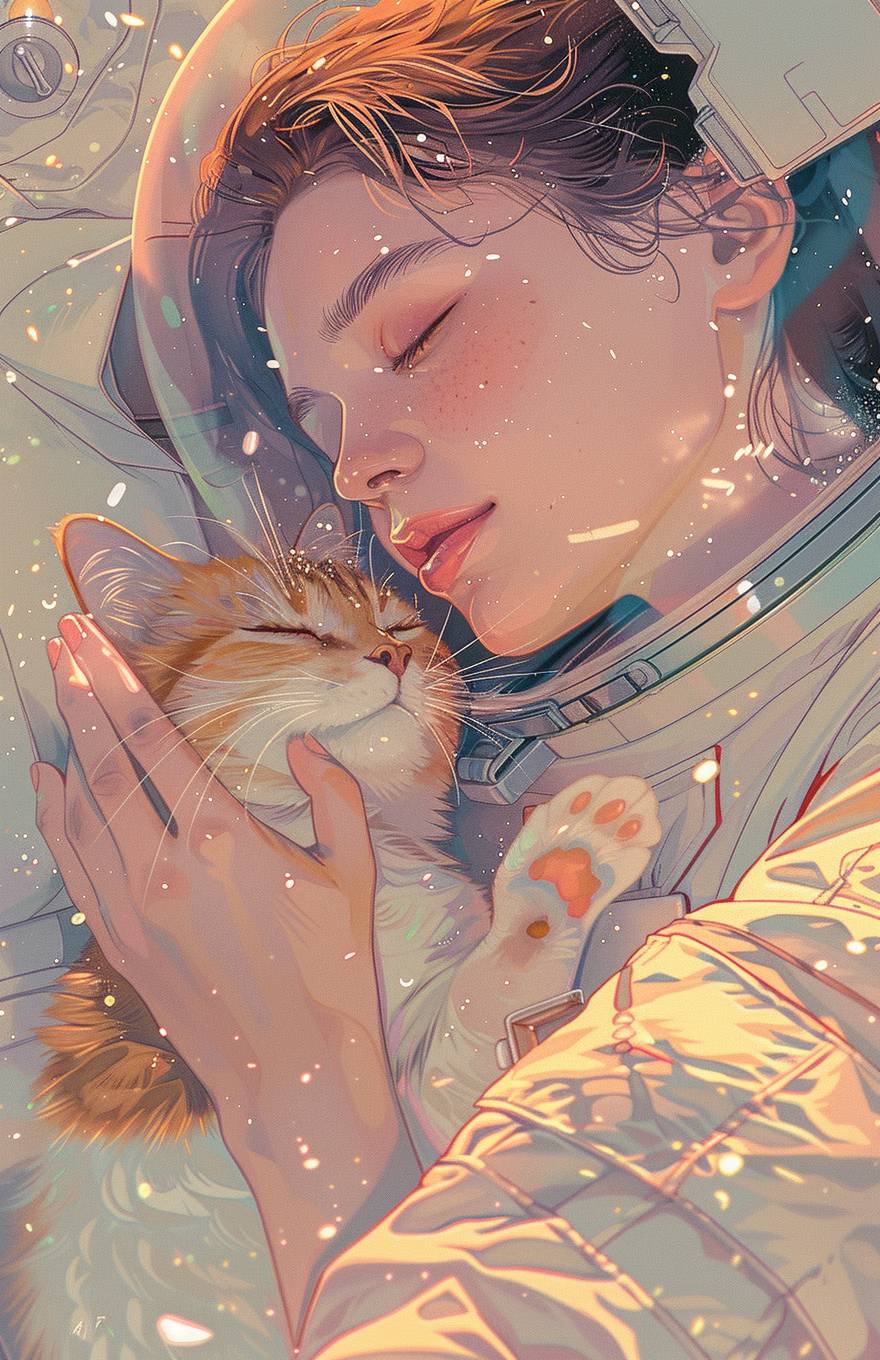 An astronaut girl is lying on her back, holding the cat's paw with one hand and smiling at it. The closeup drawing of hands is in a colorful pencil drawing style with flat illustration and dreamy colors. The bright pastel color palette uses simple lines like vector art with soft lighting and delicate details. The surrealism style has an ultrahigh definition and hyperrealistic quality.