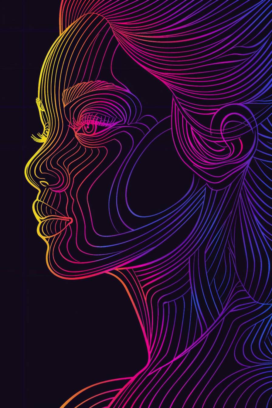 A full body portrait of an attractive woman is made with neon lines and vibrant colors, showcasing her face and body. The lighting is soft against a dark background. This vector illustration is intricate, highlighting the contours of her skin and hair.