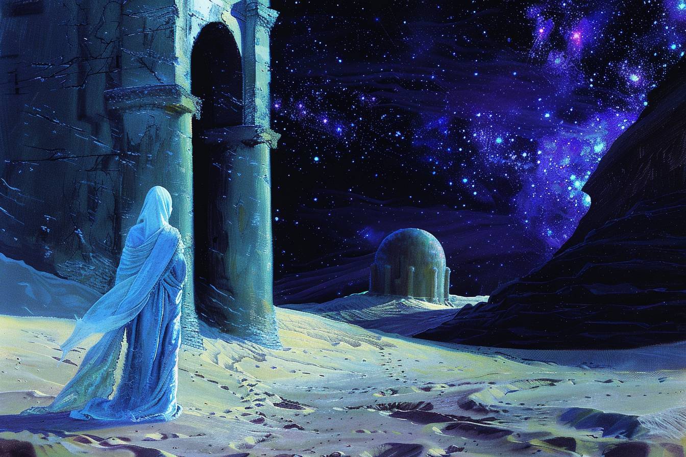 A painting depicting a lone figure wearing a white and light blue robe, standing on sand in a smooth stone structure with a pillar and a dome. The painting features an iridescent blue and purple glow with shadows, a black sky dotted with stars. It conveys a serene and infinite atmosphere, with a retro aesthetic and conceptual setup.