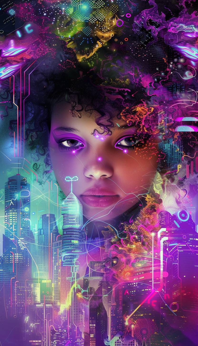 In the style of Anna Dittmann, Cybernetic metropolis bustling with neon lights --ar 4:7  --v 6.0