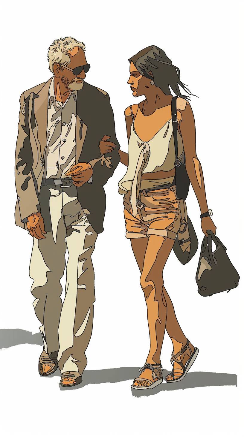 A colored vector line drawing, depicting a 60-year-old Caucasian French businessman walking with his 21-year-old Brazilian girlfriend in fine details, in the style of Enki Bilal.