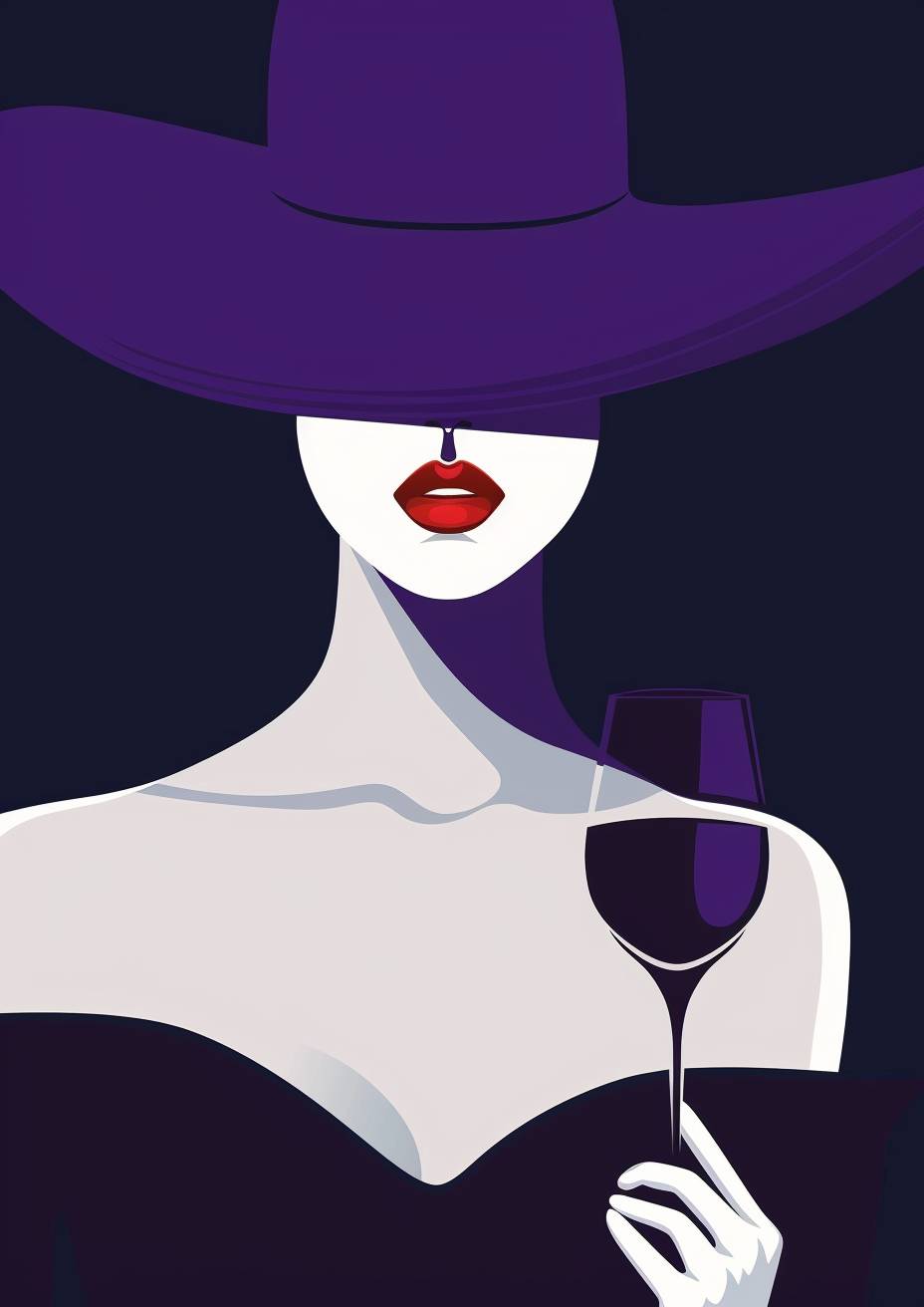 A minimalist poster design. A mysterious woman with purple hat, white skin and red lips wearing a black dress. She is holding a glass of wine. Minimalist vector illustration in the style of Patrick Nagel. Deep blue background. Clean lines, bold shapes, sleek. Inspired by vintage fashion posters. High contrast. Monochromatic color scheme. Bold shadowing. Isolated on a dark navy background.