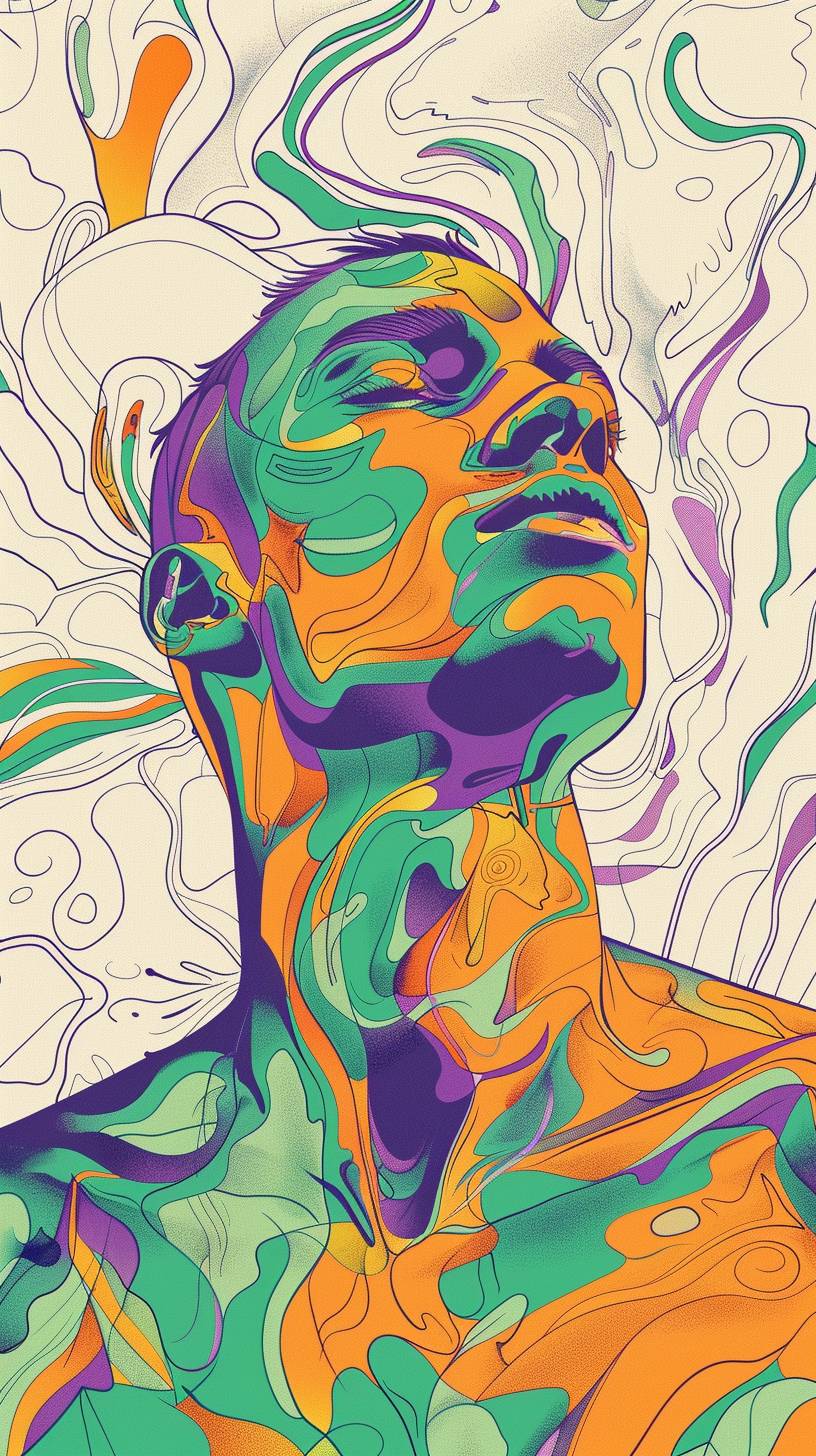 Illustration, upper-body, man, front, simplify, consisting of orange and green with purple limit colors, artistic stylish pattern background, masterpiece