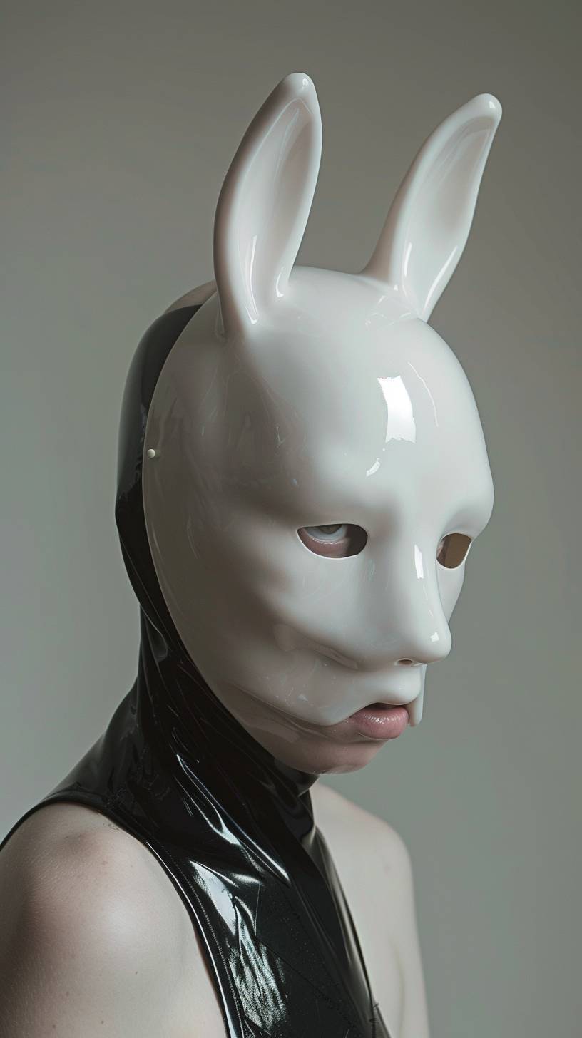 Close-up shot of a person wearing a white rabbit-themed mask. Made of high-gloss ceramic material, with multiple hairs covering the entire face. The subject has short, straight brown hair and wears a black shiny bodysuit. Light gray background, soft studio lighting, highlights and shadows that accentuate textures. Created using a professional camera, studio setup, texture emphasis, clean minimalist design, high resolution, precise details, neutral colors, and modern art influences.