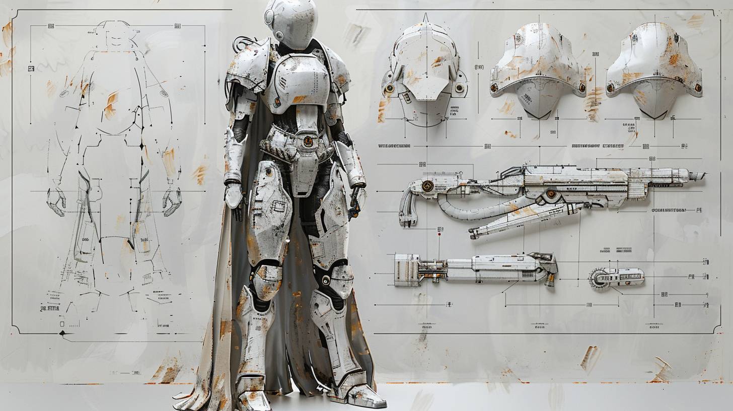 女性の宇宙パンク騎士、新川洋司と弐瓶勉によるキャラクターデザイン、墨と洗い、装甲は入念でエレガント