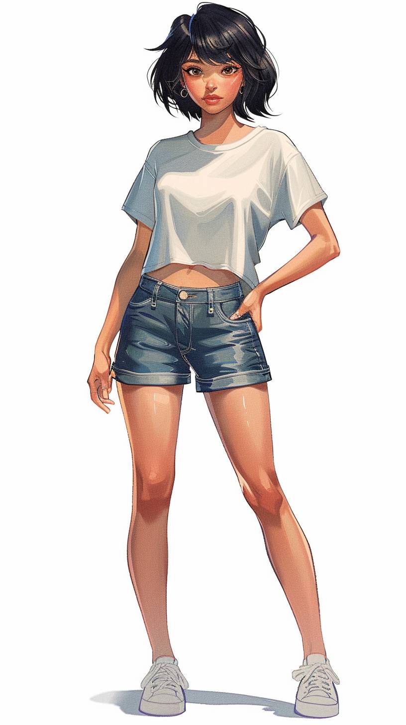 A cute 17-year-old girl with short black hair, wearing a t-shirt and denim shorts, full body including toes, against a white background