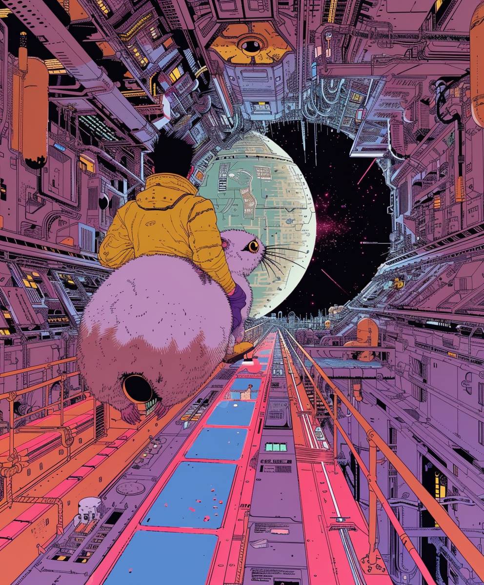 A man riding on the back of an oversized hamster inside a space station, in the style of Jean Giraud Moebius and in the style of mo willems, with a color palette of purple, yellow, blue, white, red, orange, green, pink, and black.