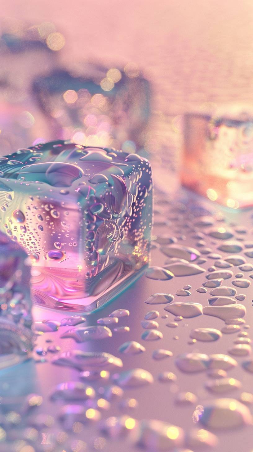 Some Ice blocks, beads of water congealed on the ice, pastel colorful background, white tone, gradient, soft light, colorful transparent glass, foil holographic, 3d rendering, white tone, digital background, glass, high luminance, bright scene, holographic, fine luster, designed by Wes Cockx, 8k, holy light, 3D