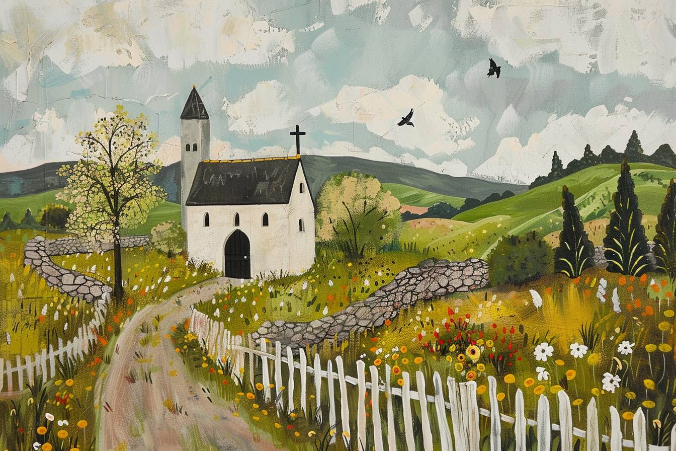 In style of Gary Bunt, stunning natural landscape, church