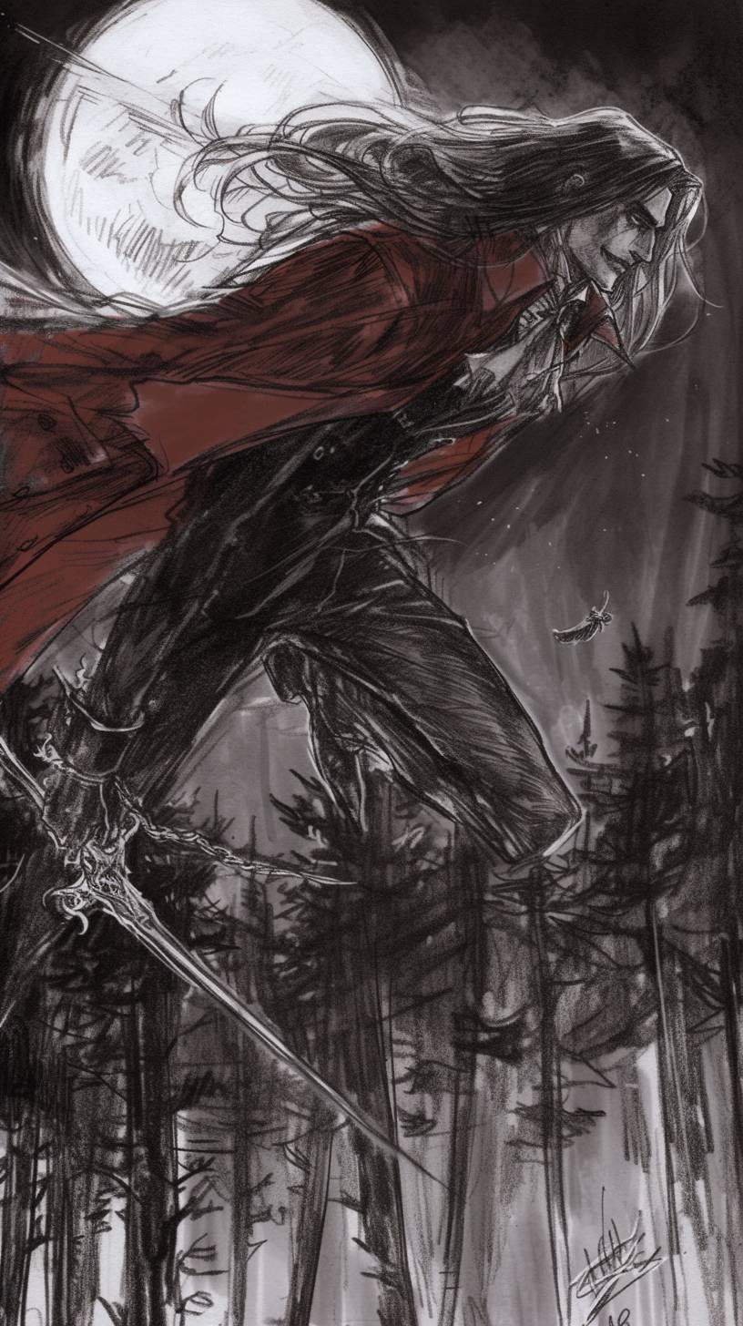 Alucard flying with his magic sword over a forest at night with full moon rising