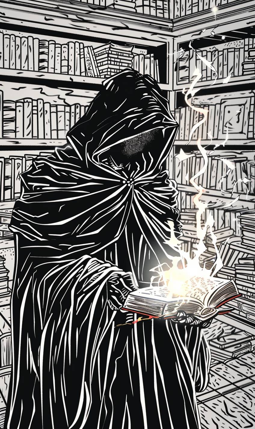古代の神秘な書物や神秘的な遺物でいっぱいの暗い古代図書館で、謎の魔法使いが強力な呪文を唱える