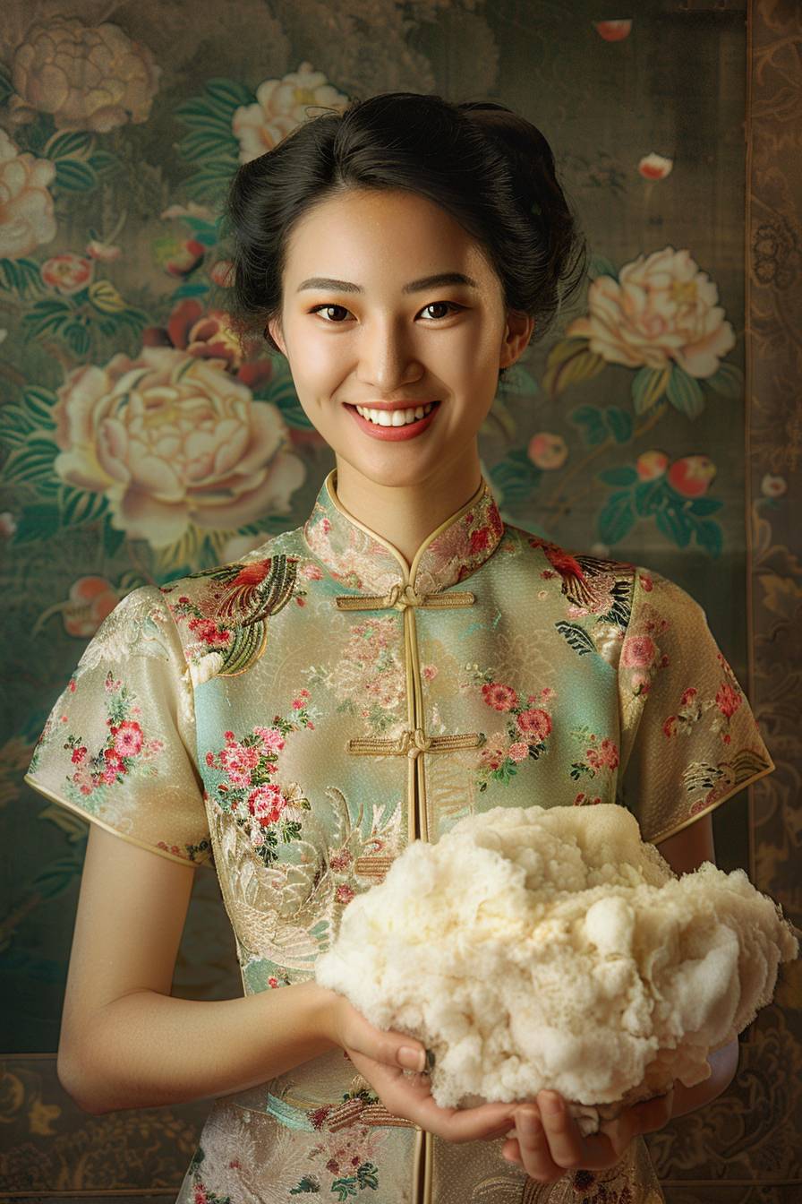 A beautiful young Chinese woman, wearing a dress, holding a scouring cloth sponge, smiling