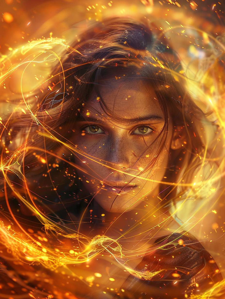 A beautiful girl with brown hair is surrounded by an energy spiral, in the style of fantasy, with magic light effects, in a fantasy world, with digital art style, hyperrealistic, high resolution, very detailed, vibrant colors, a colorful background, a dynamic pose, sharp focus, in the style of portrait photography, a symmetrical composition, a magical atmosphere.
