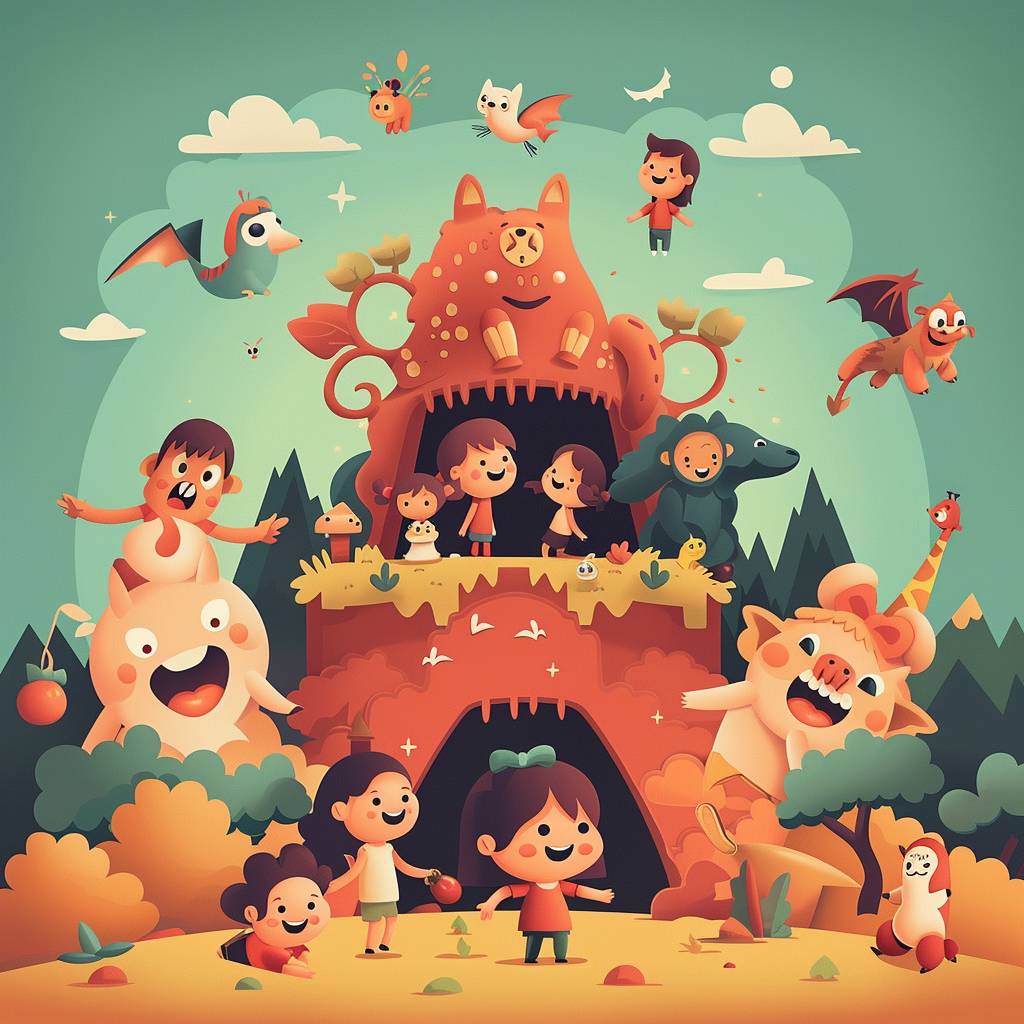 A whimsical design featuring a group of diverse children, laughing and playing in a colorful, imaginative, and enchanting world filled with talking animals, magical creatures, and hidden surprises. The illustration should capture the joy, wonder, and innocence of childhood, with vibrant colors and delightful details to engage and captivate young audiences.
