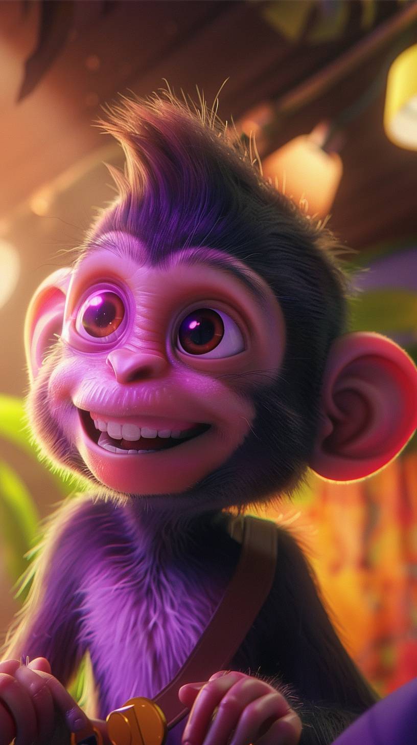 A young monkey is answering the interviewer's questions during an interview. He is wearing a T-shirt in purple and pink tones, bright and candy-colored, which is a concept art by Pixar.