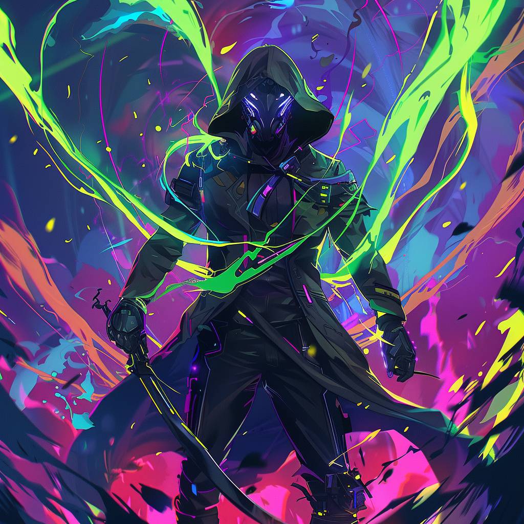 A mysterious male hooded assassin with a silver mask and glowing neon green eyes stands stoically in the center of a hypnotic swirl of electric lights, evoking a dynamic Anime art style with sharp lines, vibrant colors, and intense shadows, creating a sense of intrigue and danger.
