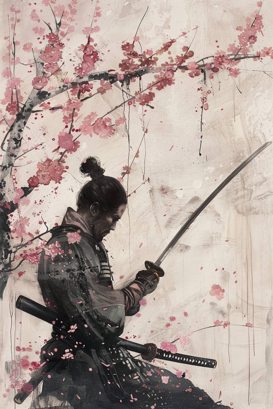 In the style of Andrew Wyeth, a samurai warrior is honing his skills under cherry blossoms