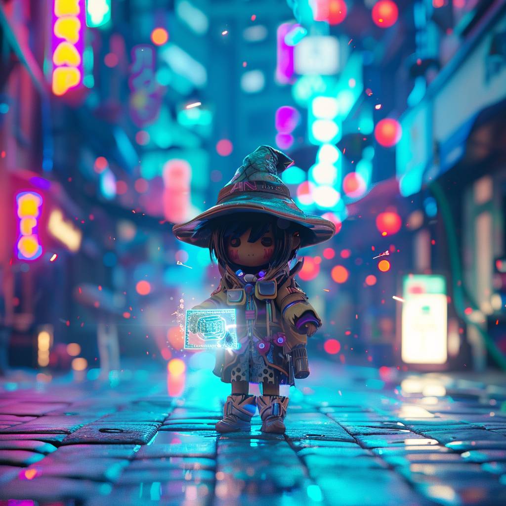 Stop-motion animation screengrab of a 3D chibi art style rendering of a small female mage. She is casting a spell from a holographic book, standing in the middle of a street in a neon-lit cyberpunk city.