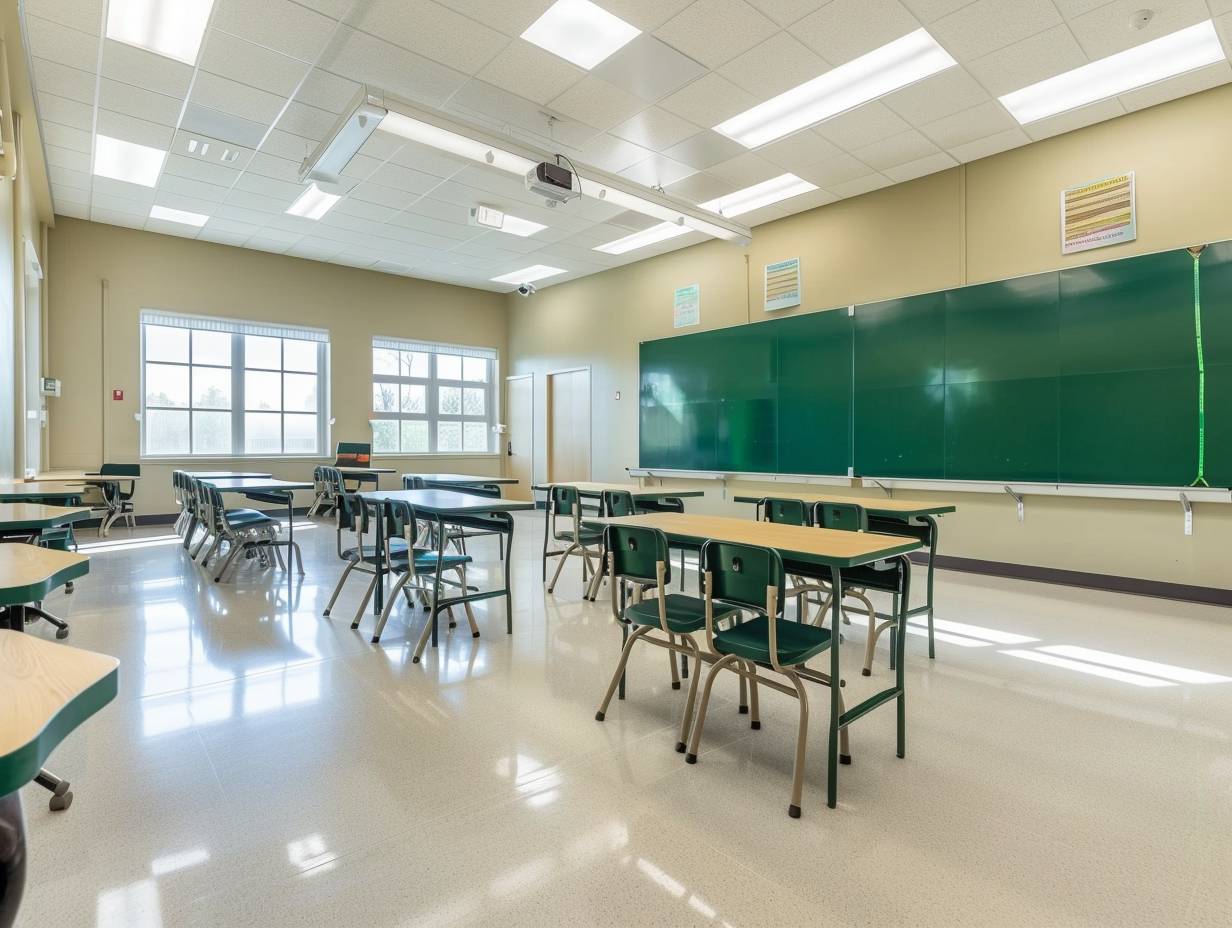 Modern high school classroom interior design, cream walls with dark green accents and tables and chairs, cream floor, large smart board in front of tables, modern minimalist style