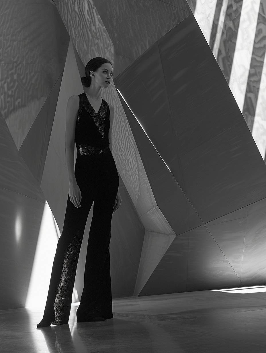 A model, clad in a sleek, black jumpsuit, stands in a stark, minimalist setting. The jumpsuit is adorned with geometric patterns that create a sense of structure and order. Her pose is sharp and angular, her body a series of straight lines and sharp angles. The lighting is dramatic and high-contrast, with a sense of precision and control. The background is a series of geometric shapes, with a sense of depth and perspective