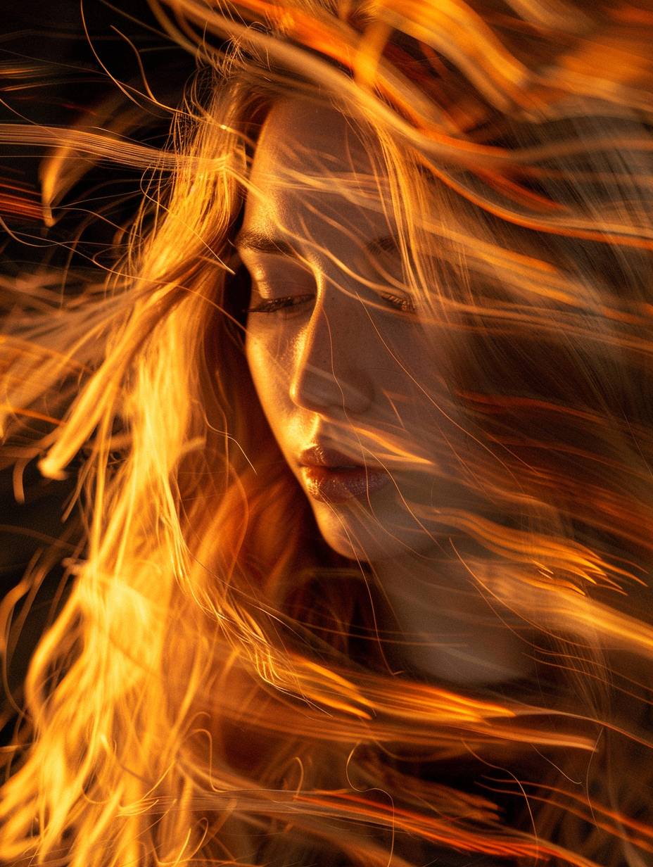 Beautiful woman with long hair, long exposure, dark background, light painting in amber, close-up, light orange hues, blurred brushstrokes, blurriness, wind, and blonde curls.
