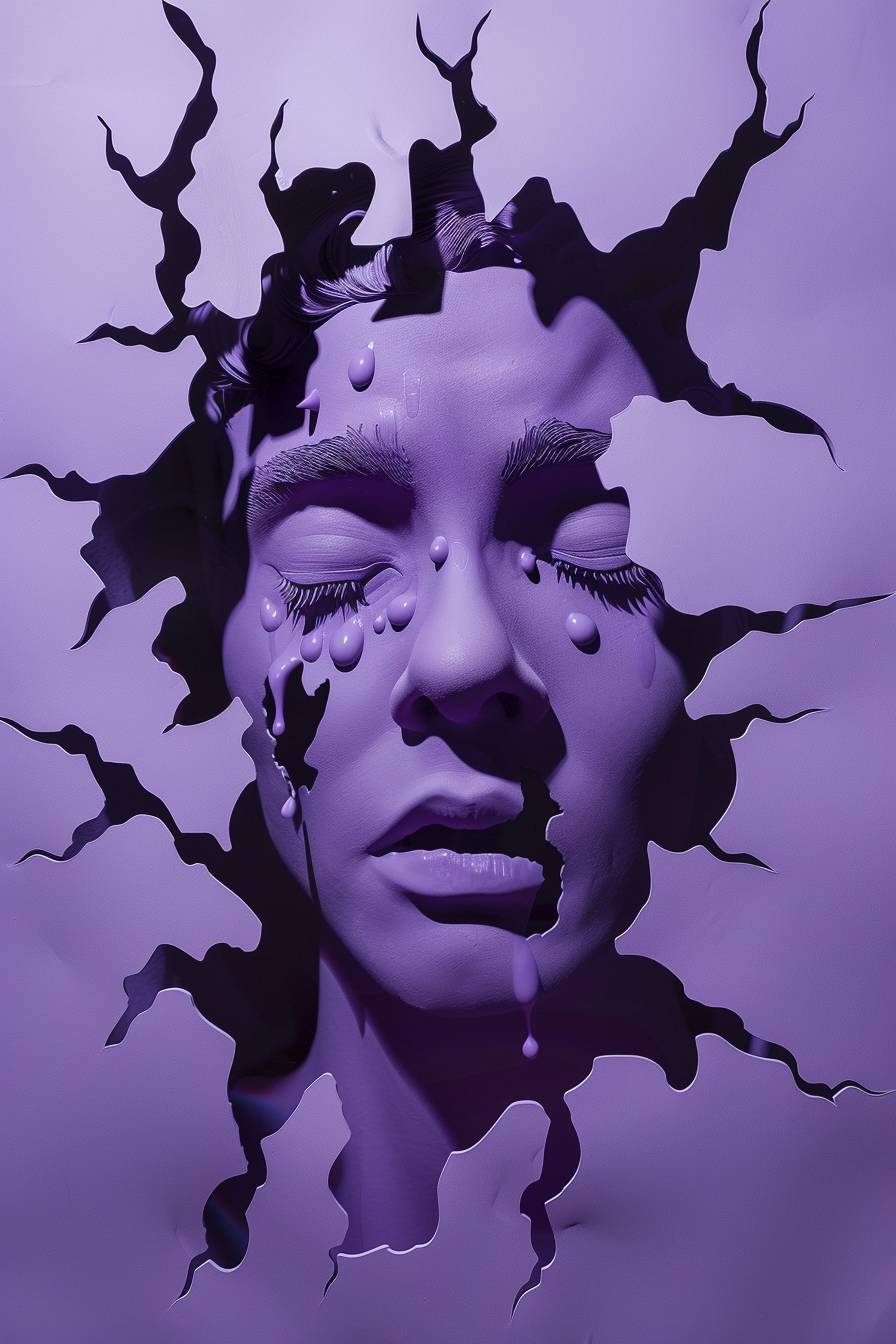 Artwork, distinctive shapes cut out like paper, drop shadows on background forming weird character, purple background, maximalism