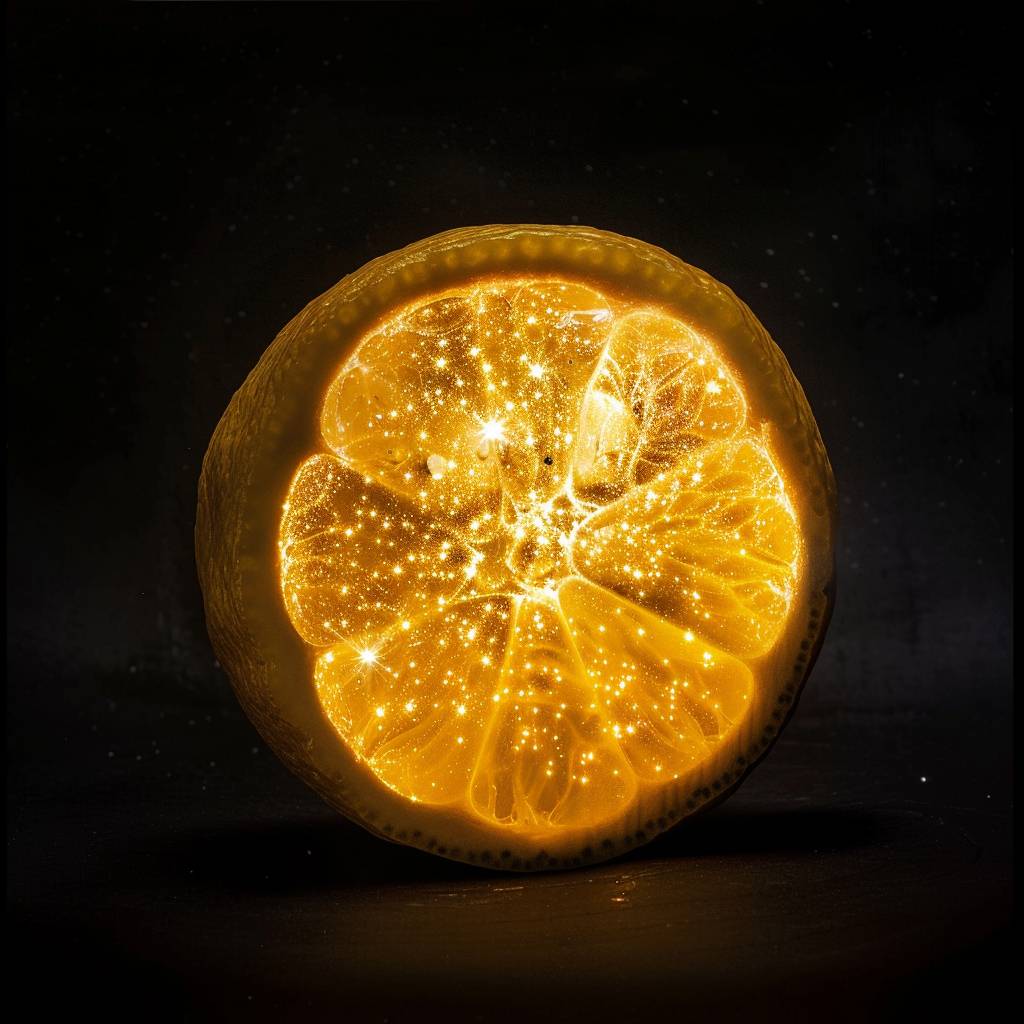 A lemon with dark yellow skin and light orange core, glowing from the inside like it's filled with stars, on black background, Data Visualization photography