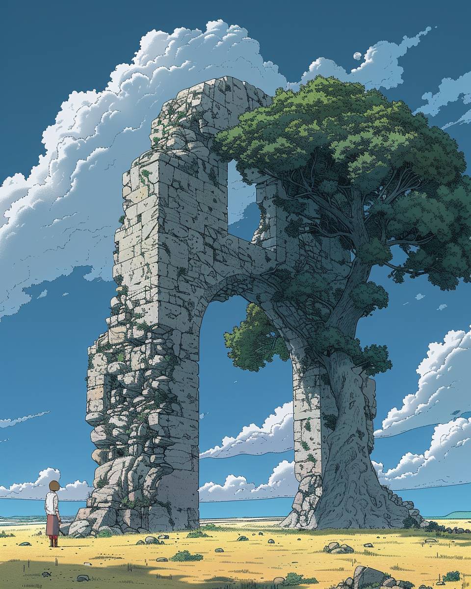 A cartoon of Matt Bors, fine linework, minimalist, vibrant, simple, clean, subdued, refined, stone archway, a huge arched redwood tree on a field, profound and mysterious, detailed clouds and sky, minimal pastel tones, retro anime style, Moebius-style art, in the art style of Studio Ghibli