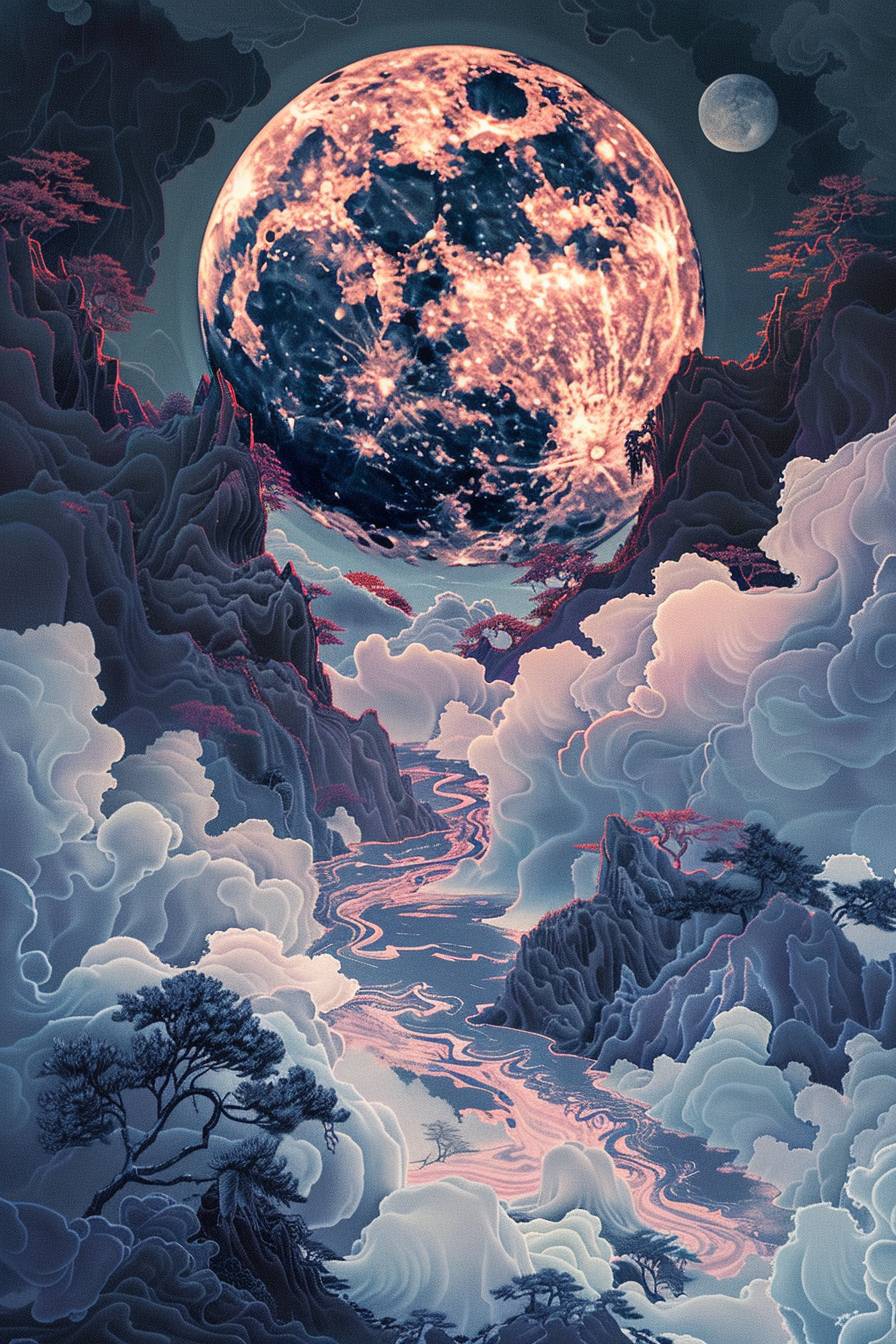 In the style of James Jean, Lunar eclipse casting a shadow over the land