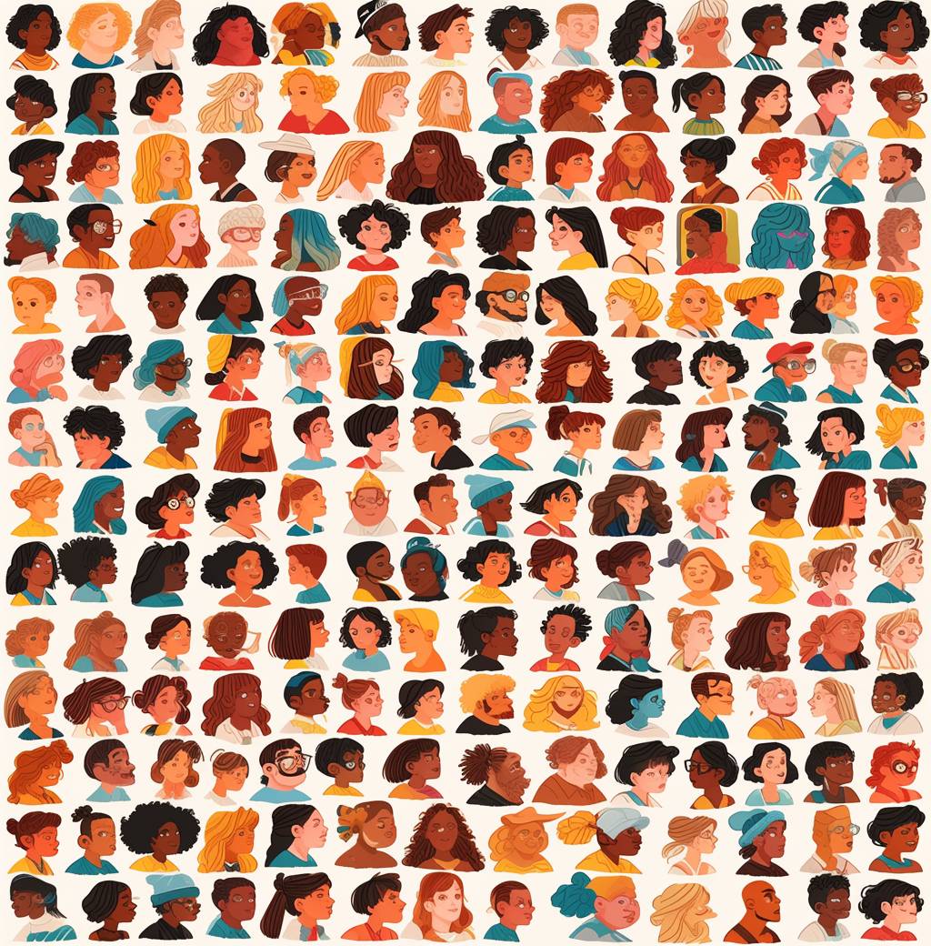 An illustration of over one thousand diverse avatars arranged in rows and columns, each representing different people with various hair colors, skin tones, styles, body shapes, or facial features. The background should be flat to highlight the variety among these avatar images. Each row could include between five and ten avatars. This design would create a visually dynamic pattern that captures diversity across multiple aspects such as gender, age group, nationalities, etc., making it suitable for social media profile pictures or digital art projects.