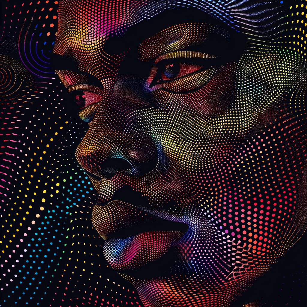 Design a portrait using dot art, with a 3D effect to give depth to the facial features, contrasting colors to highlight the details, and lighting that emphasizes the contours of the face.