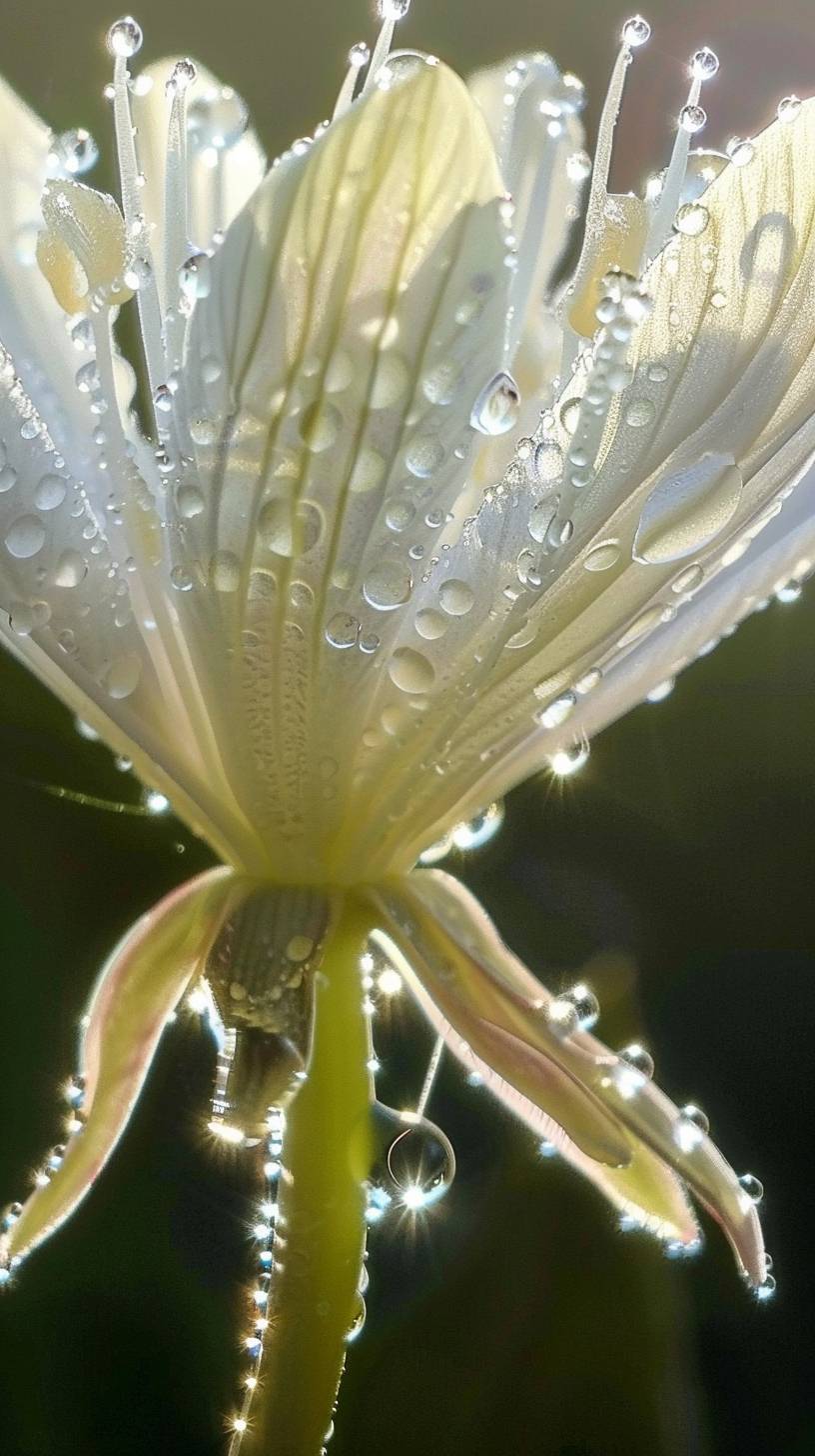 花の花びらのクローズアップ、各花びらに光沢のある露滴があり、繊細な質感と複雑なディテールが際立っています。背景は明るく、淡い緑色の茎と白い中心を引き立てています。