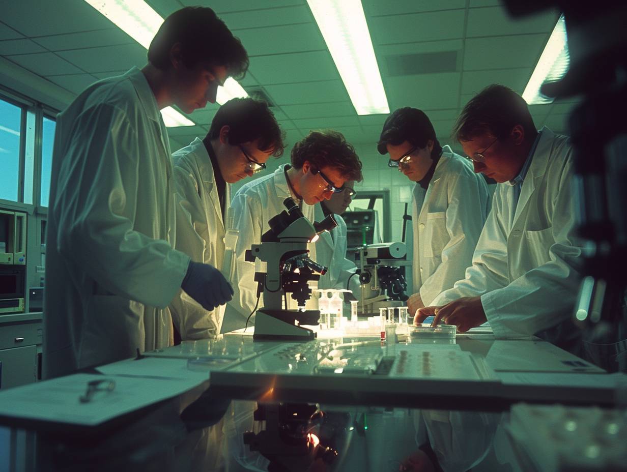 Six scientists in a laboratory. Focus and collaboration. Microscope slide. Modern research facility. Daytime in 1998. Lab equipment, whiteboards, a petri dish. Medium shot, upper body. Shot on a Nikon F100, Fujifilm Provia 100F film. Fluorescent lights, reflections on glass surfaces, high contrast.