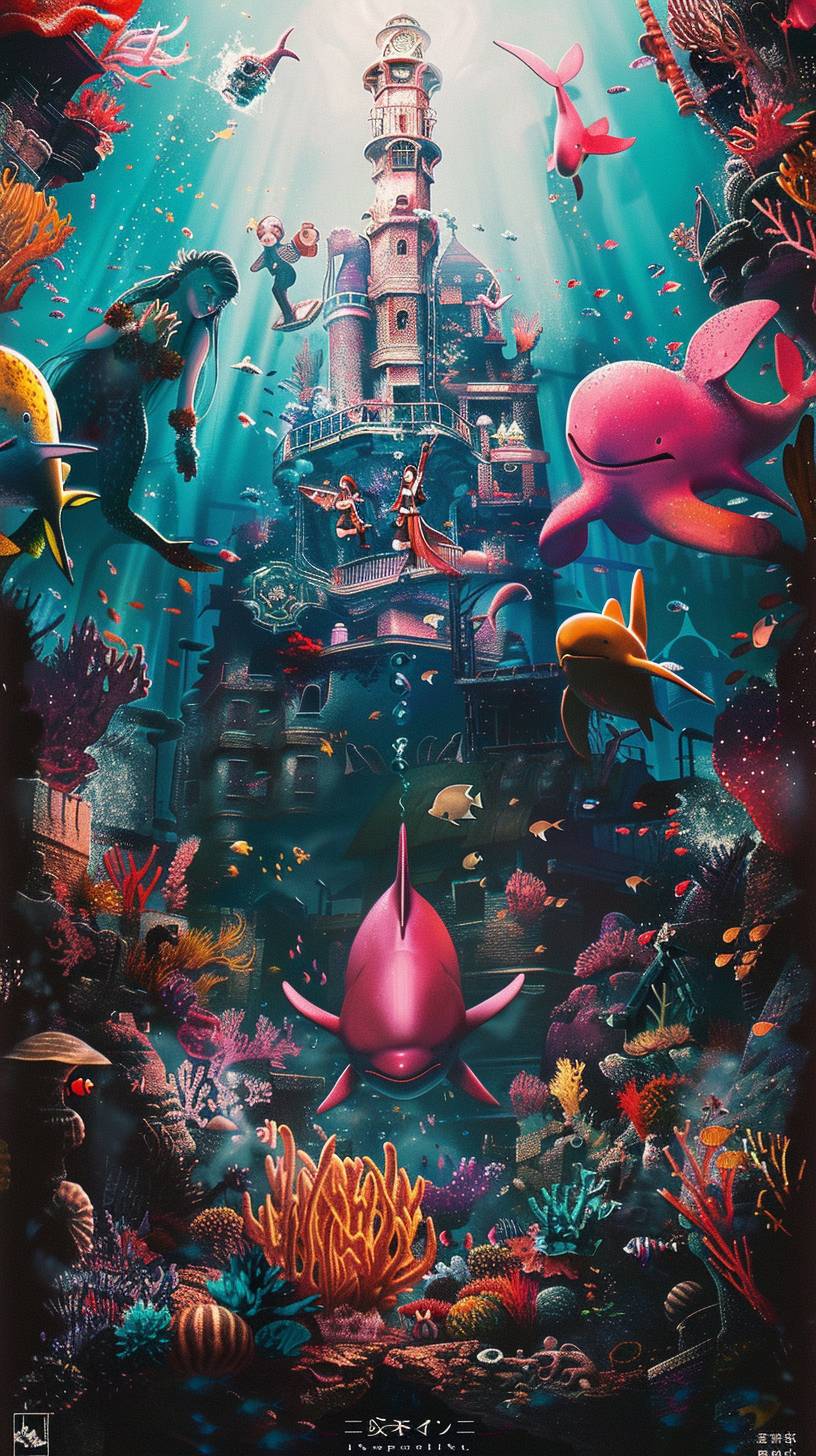 Whimsical underwater city with mermaid inhabitants, colorful coral structures, and various sea creatures, sunlight streaming through the water