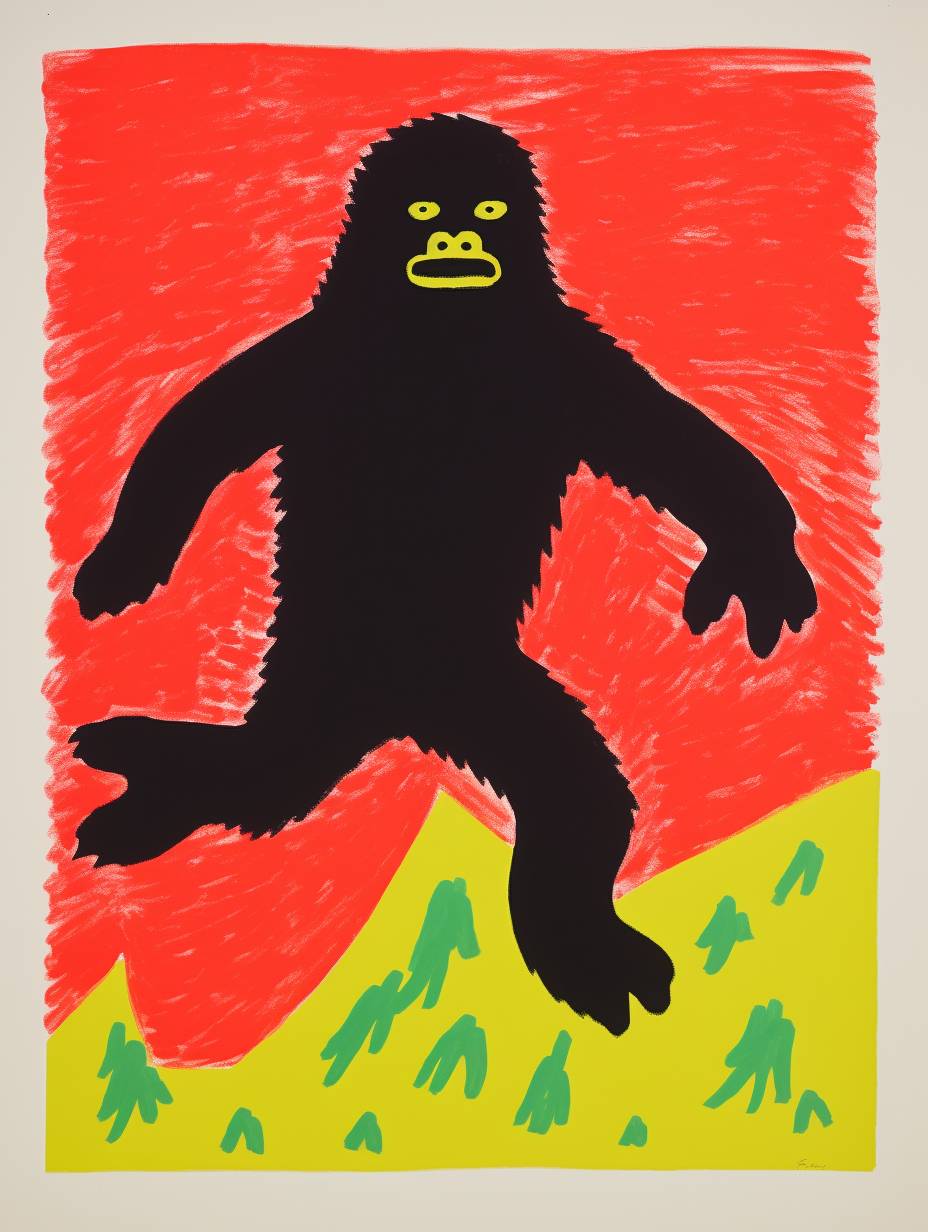 Sasquatch, silkscreen printing, retro poster art, Milton Avery style, simple/minimal, 1960's, bright and vibrant, funky/groovy, cloudy/bloated forms, flat shapes, simple/minimal, handcrafted art, plain background