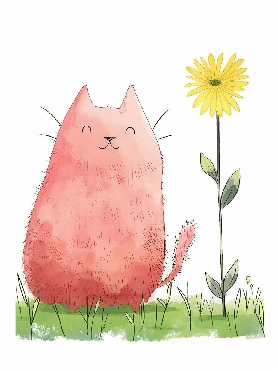 可愛らしいピンク色のふくよかな猫が、黄色い花を見つめながら草の上に立っていて、ウィリアム・スティーグやケストゥティス・カスパラヴィチウスのスタイルで微笑んでいます。白い背景と図像の周りに白いスペースのシンプルでミニマルな絵。