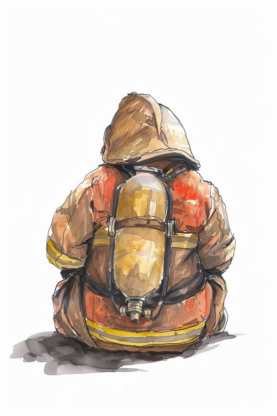 Watercolor sketch illustration of the back of a baby fire fighter sitting down digital art, concept, in the style of Rifle Paper and Co, in the style of Pixar, fat fire fighter, art, 8k, hd, high detail illustration, isolated on a white background