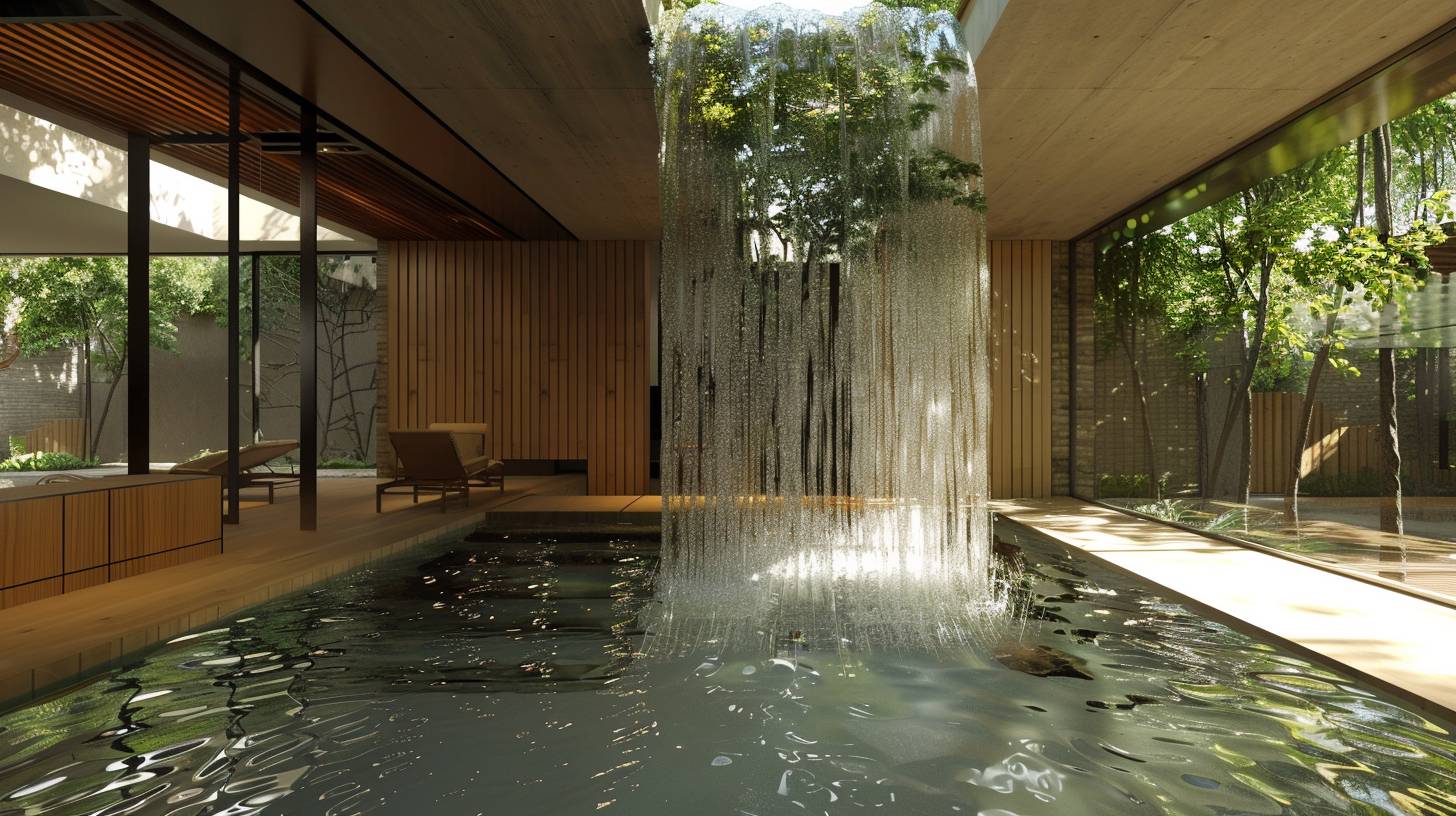 Interior by Kengo Kuma, Harmonious blend of natural elements and modern design in an eco-friendly apartment complex, falling water --ar 16:9 --c 1  --v 6.0