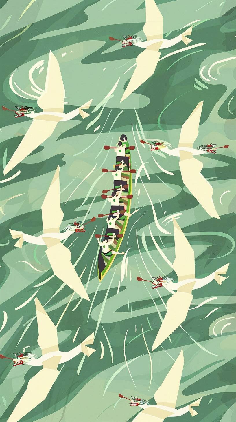 The Dragon-boat racing is in the middle,the water ripples to both sides,spring colors,green tones, with a flat illustration and a bird's-eye view,minimalist style,graphic poster design,flat,no C4D,Flatten illustration,8K --ar 9:16 --stylize 50  --v 6.0