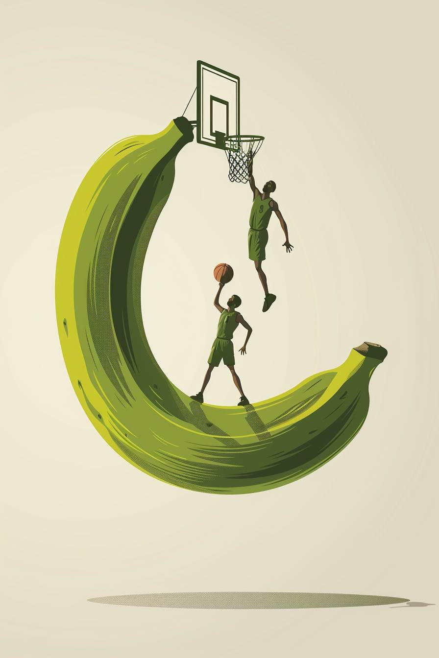 中央に横向きの緑色のバナナが浮かぶミニマリストスタイルのイラストです。バナナの上部にはバスケットボールフープがあり、NBAのバスケットボールスター2人がバナナの上でバスケットをしています。背景は真っ白です。