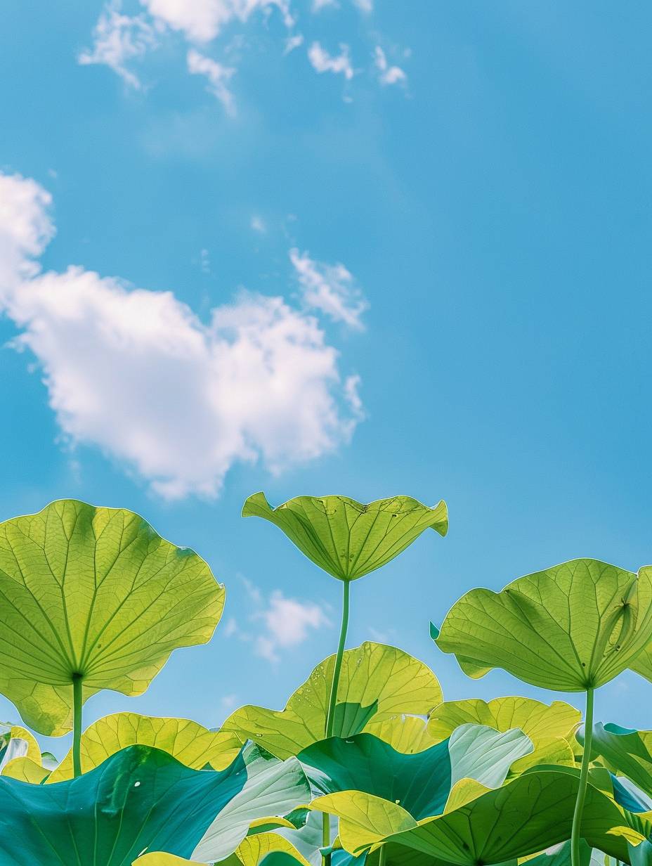 Lotus Pond Photography, upward angle, lotus leaves, water surface, duckweed, blue sky, high saturation, natural light, fresh green, vitality