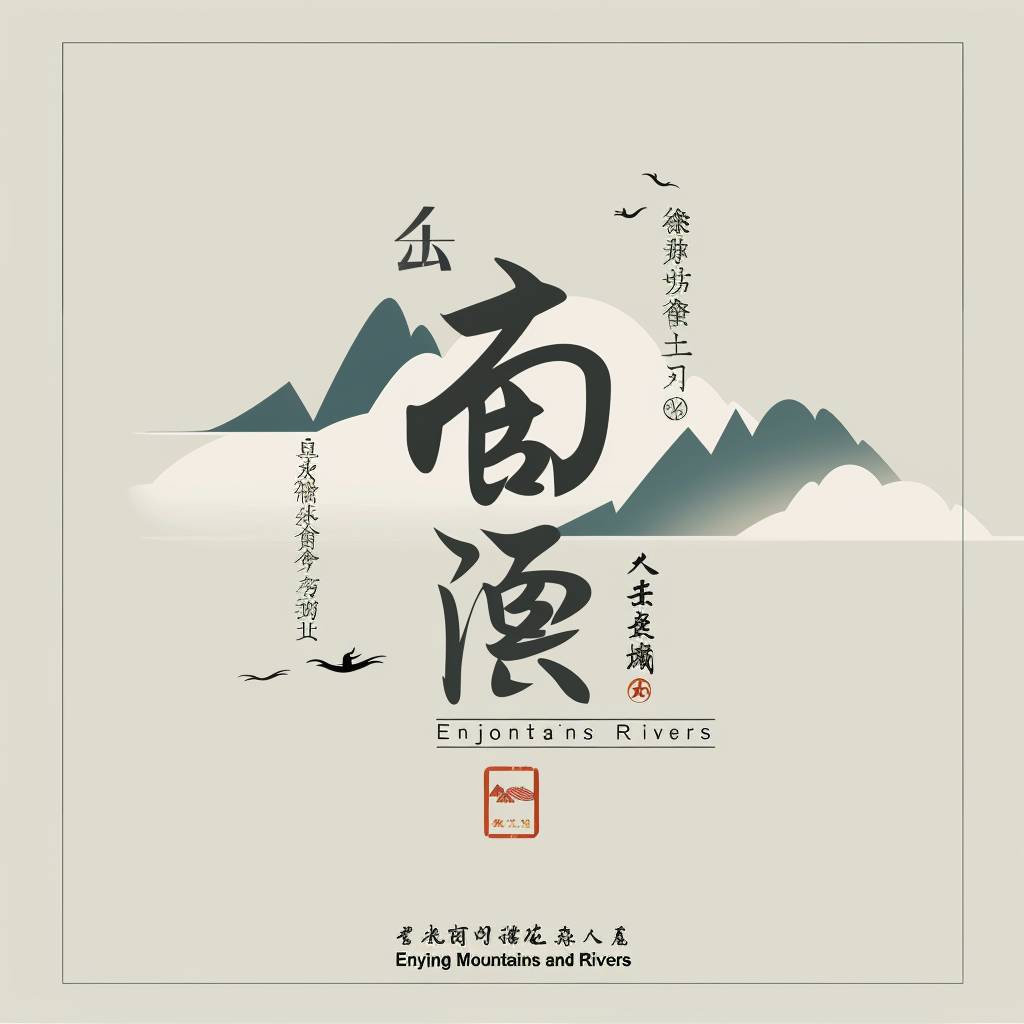 2D simple logo with a Chinese style, minimalist design, featuring the phrase '溪山观闲', which translates to 'Enjoying Mountains and Rivers'. The logo will be an illustration in vector format, on a white background with a flat design aesthetic.