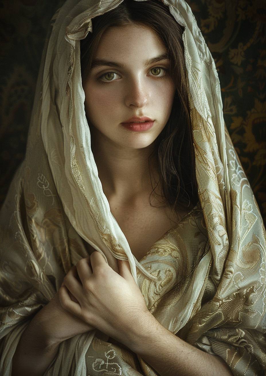 A young woman with ethereal beauty reminiscent of a young Felix Luna, captured in the timeless style of Giorgione, with soft lighting enhancing her delicate features, a subtle smile playing on her lips, draped in luxurious fabrics that cascade elegantly around her in a scene that exudes classical serenity and grace.