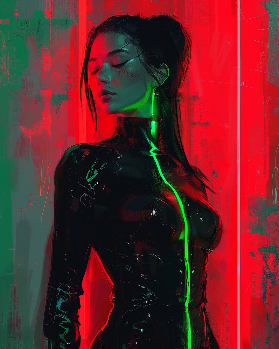 Stunning cyberpunk witch with a crown on her head, surrounded by neon lights, a mature lady with an hourglass figure, gorgeous black hair, fair skin, sleeveless latex outfit, tall height, dynamic posture, forced perspective, full-body on canvas