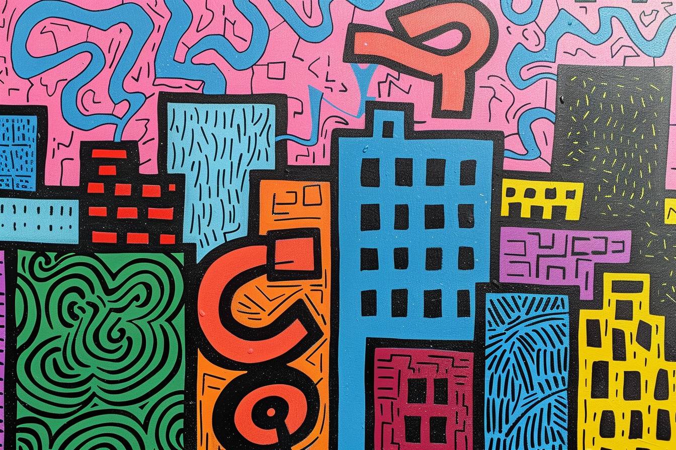 In style of Keith Haring, city landscape