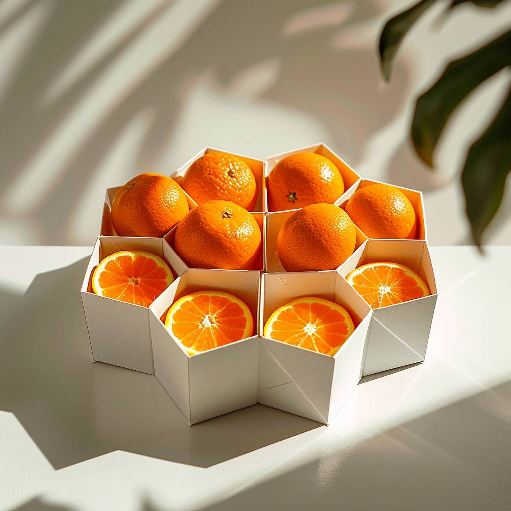 Octagonal white cardboard grid box for oranges. Octagonal slots, corrugated cardboard walls. Mockup on table --v 6.0