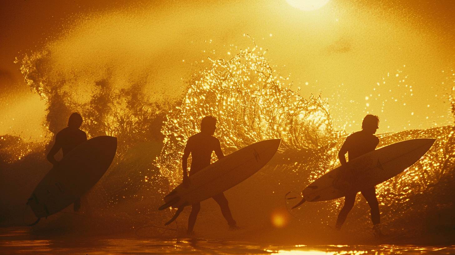 Three surfers waiting for a wave. Anticipation and camaraderie. Surfboards. Australian coast. Afternoon in 1987. Crashing waves, a beach, a setting sun. Wide shot, full body. Captured with a Minolta Maxxum 7000, Fujifilm Velvia 50 film. Golden sunlight, water droplets, high saturation.