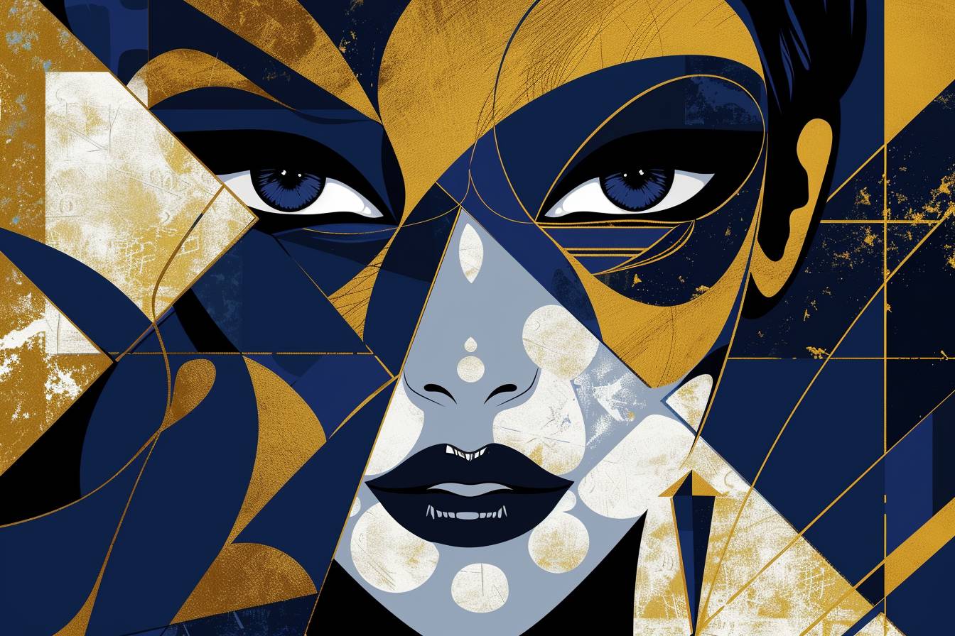 Gothic girl in Constructivist style, with gold and indigo geometric forms